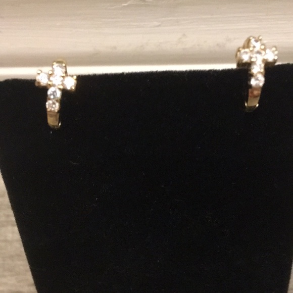 Gold CZ  cross huggie earrings - Picture 3 of 5
